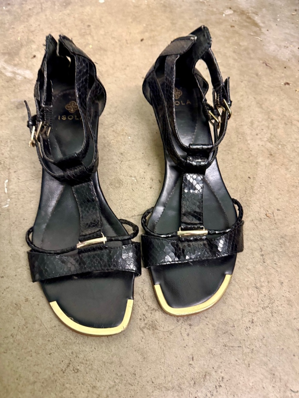 Isola Black Low Heel Sandals with Gold Accents | Back Zip Sandals